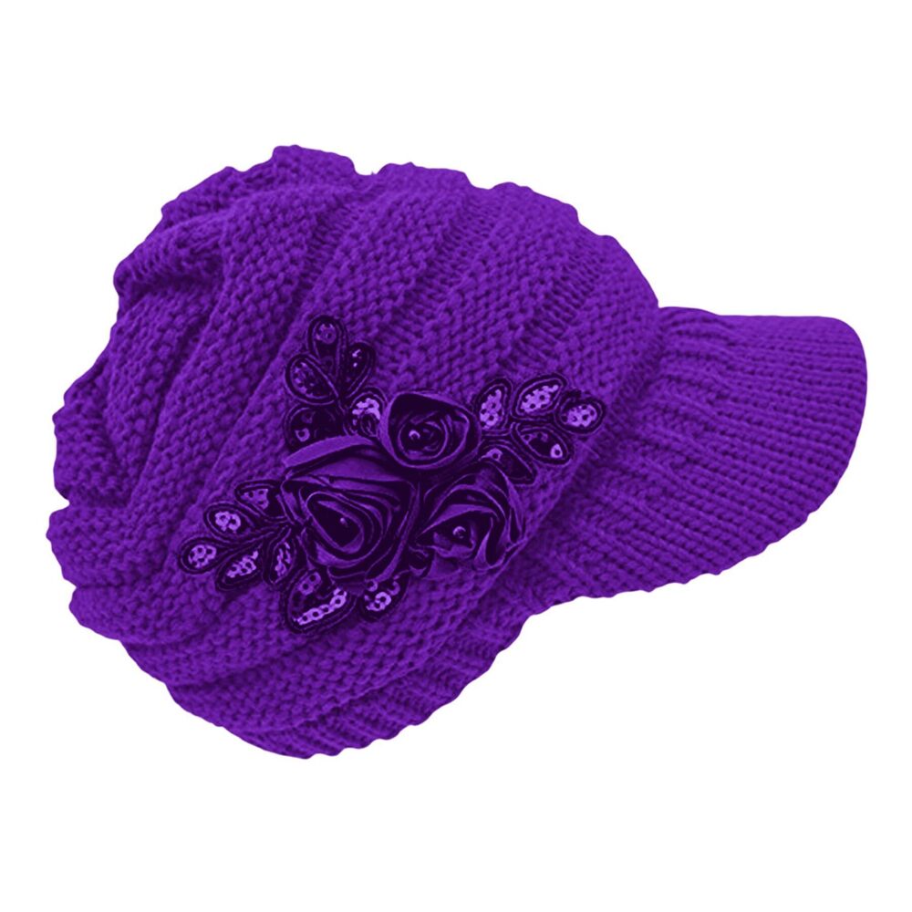 6907 C-US Winter Warm Knit Hat Crochet Visor Brim Cap with Flower Accent